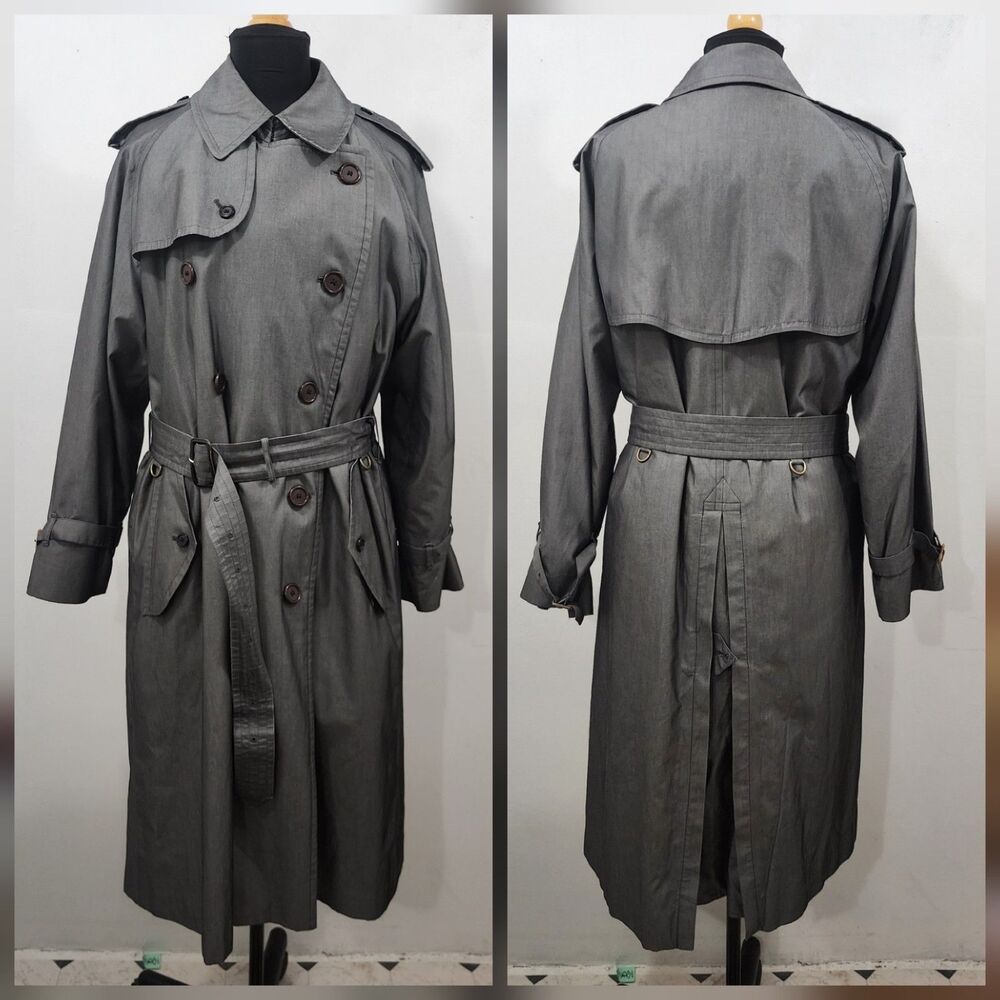 Burberry London England Mens Gray Full Length Trench Rain Coat Jacket 50R Lined